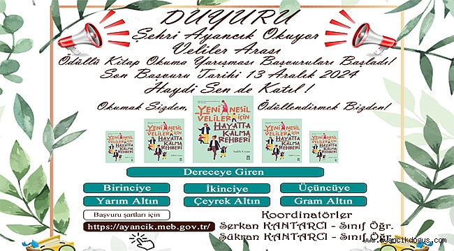''Şehri Ayancık Okuyor''adlı veliler arası ödüllü kitap okuma yarışması başvuruları başladı.
