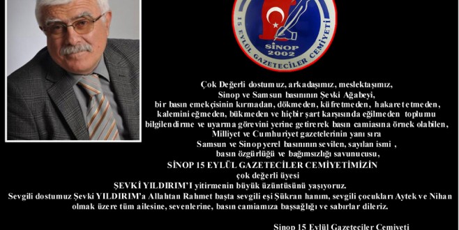 Sinop 15 Eylül Gazeteciler Cemiyetinden Başsağlığı Mesajı